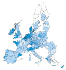 De veedichtheid aan kippen, runderen en varkens in Europa.